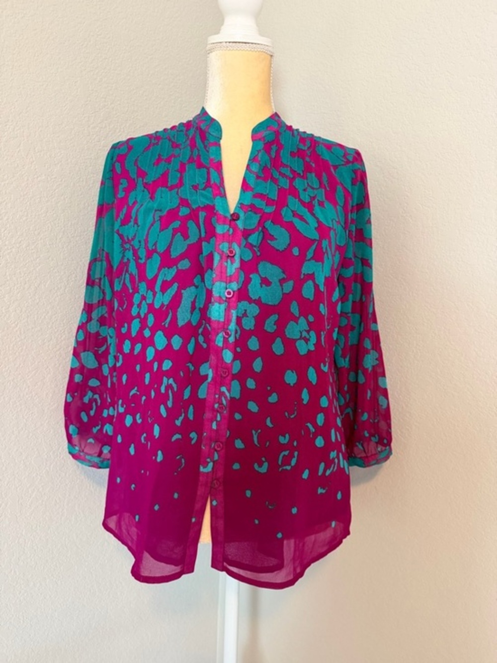 Calvin Klein Teal & Magenta Abstract Animal Print Chiffon Blouse - Picture 1 of 8